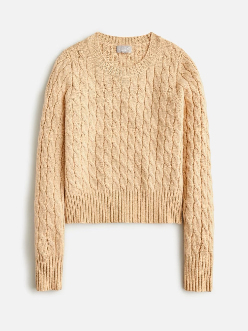Cashmere Women’s Small Fitted Beige Gold Cable-Knit Crewneck Sweater with Lurex